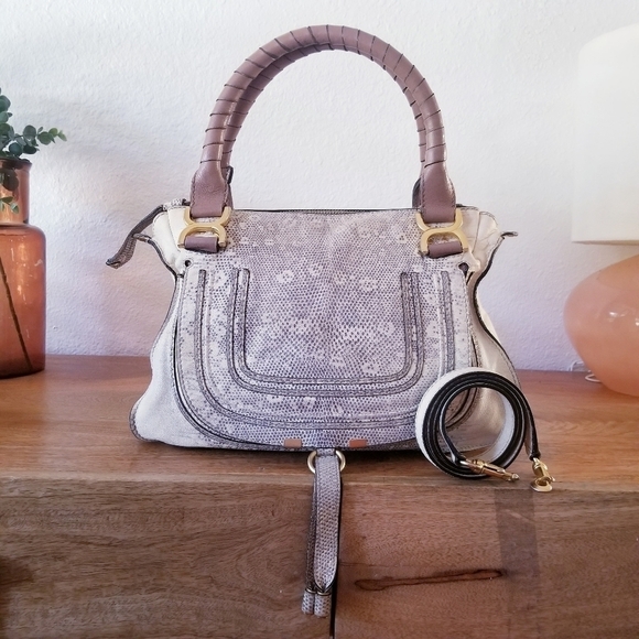 Chloe Marcie Medium Lizard Embossed Satchel Handbag Crossbody Bag - Picture 4 of 17